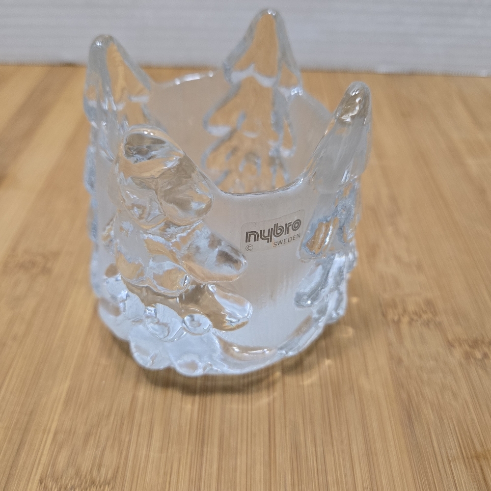 Swedish Art Glass Candle Holder Nybro Winter Trees Snow Ice